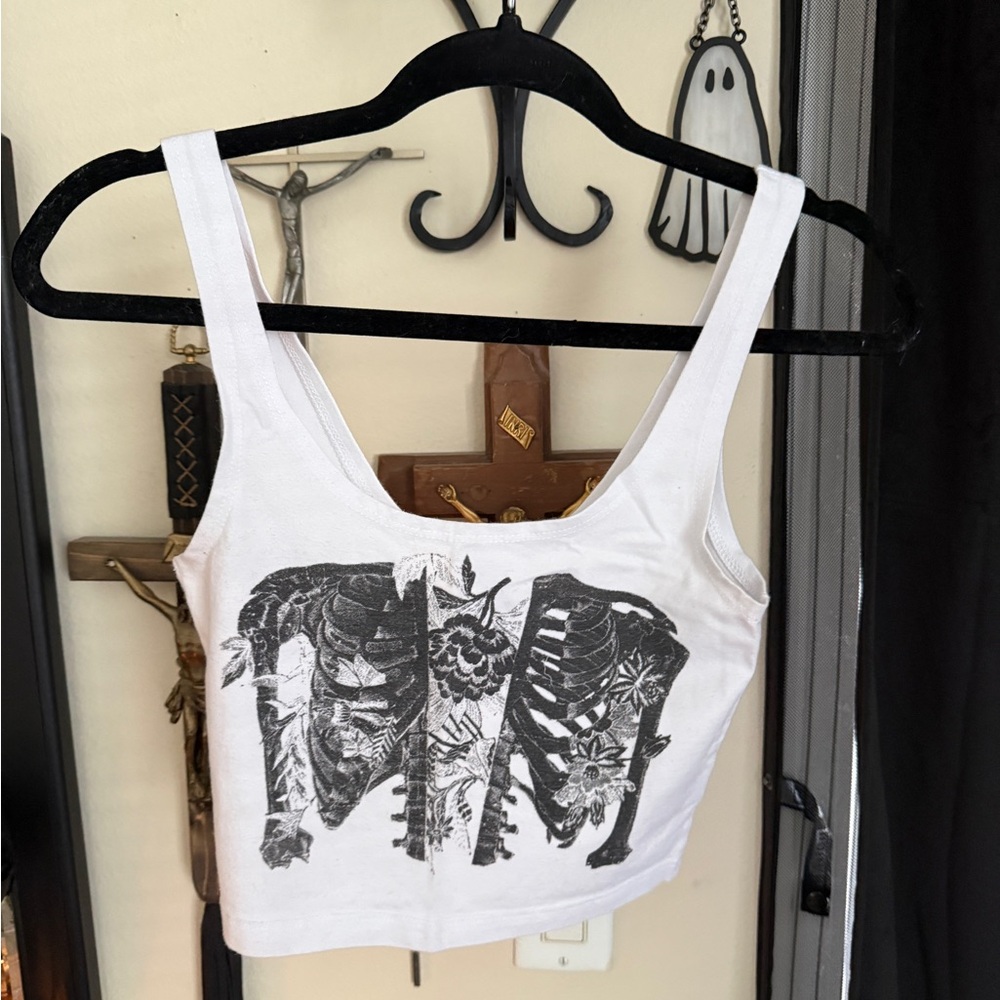 White Crop Top with Skeleton Print